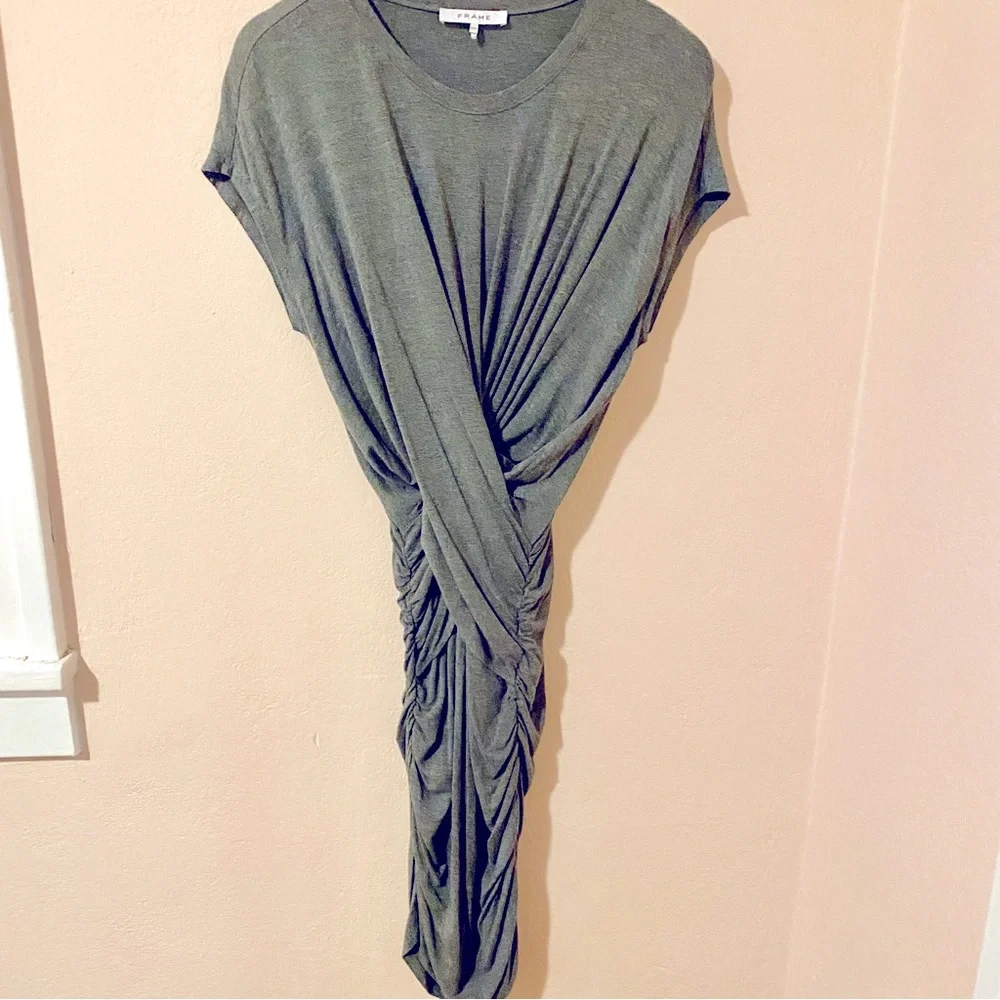 Frame Shirred Muscle Gray Faux Wrap Dress in dark heathered Gray Size Small - Picture 2 of 7